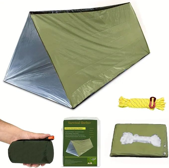 1 Piece Emergency Tent, Polyester Film Survival Tent with String Bundle Pocket Whistle,String with Buckle for Hiking, Camping, First Aid Hurricane