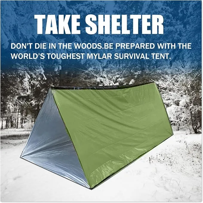 1 Piece Emergency Tent, Polyester Film Survival Tent with String Bundle Pocket Whistle,String with Buckle for Hiking, Camping, First Aid Hurricane
