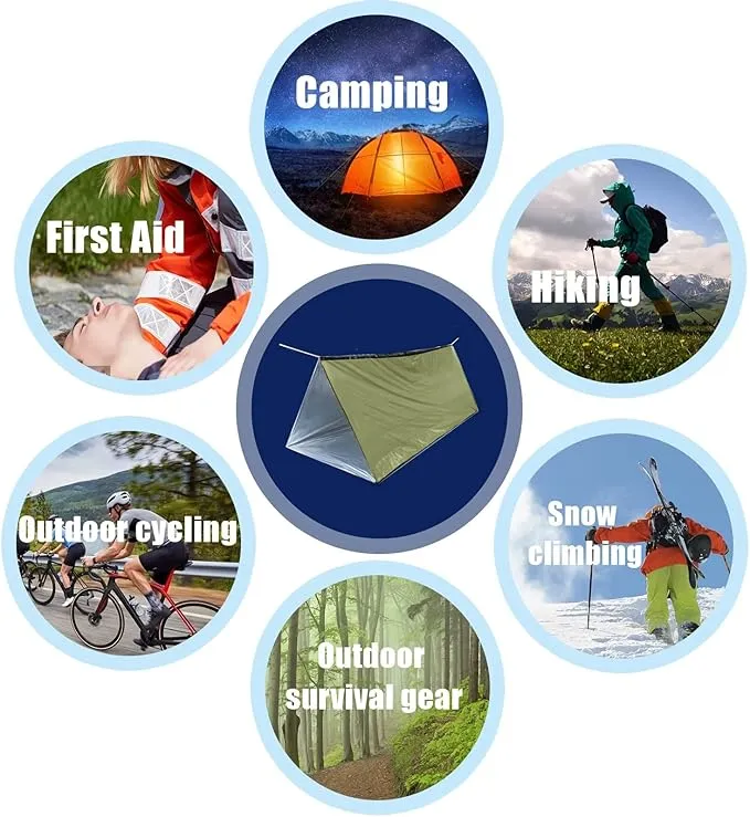 1 Piece Emergency Tent, Polyester Film Survival Tent with String Bundle Pocket Whistle,String with Buckle for Hiking, Camping, First Aid Hurricane