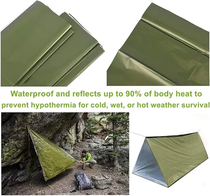 1 Piece Emergency Tent, Polyester Film Survival Tent with String Bundle Pocket Whistle,String with Buckle for Hiking, Camping, First Aid Hurricane