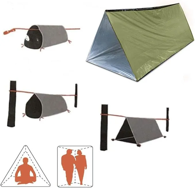 1 Piece Emergency Tent, Polyester Film Survival Tent with String Bundle Pocket Whistle,String with Buckle for Hiking, Camping, First Aid Hurricane