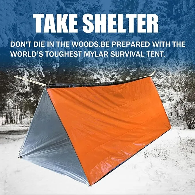 1 Piece Survival Shelter, Polyester Film Emergency Tent with String Bundle Pocket Whistle,String with Buckle for Hiking, Camping, First Aid Hurricane