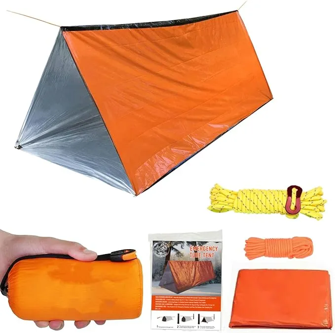 1 Piece Survival Shelter, Polyester Film Emergency Tent with String Bundle Pocket Whistle,String with Buckle for Hiking, Camping, First Aid Hurricane