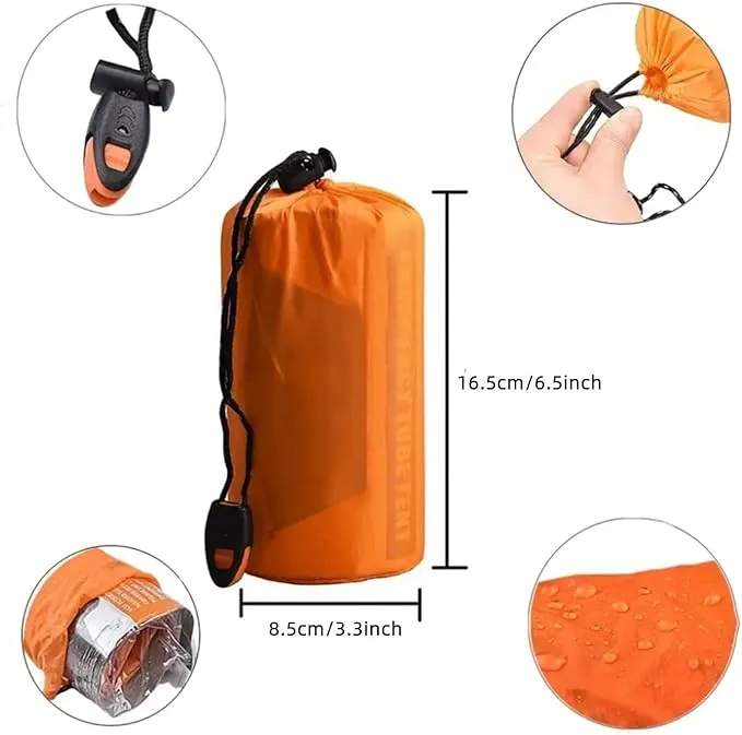 1 Piece Survival Shelter, Polyester Film Emergency Tent with String Bundle Pocket Whistle,String with Buckle for Hiking, Camping, First Aid Hurricane