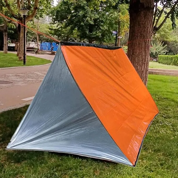 1 Piece Survival Shelter, Polyester Film Emergency Tent with String Bundle Pocket Whistle,String with Buckle for Hiking, Camping, First Aid Hurricane