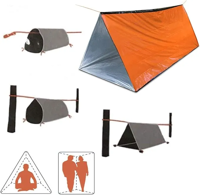 1 Piece Survival Shelter, Polyester Film Emergency Tent with String Bundle Pocket Whistle,String with Buckle for Hiking, Camping, First Aid Hurricane