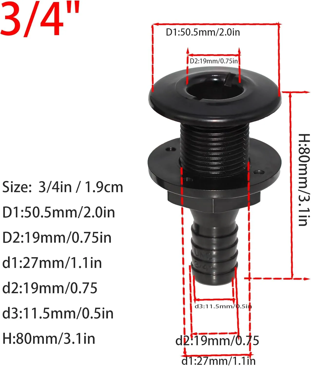 2Pcs Thru Hull Fitting(3/4"), Marine Through Hull Connector Fitting for Boats, Black