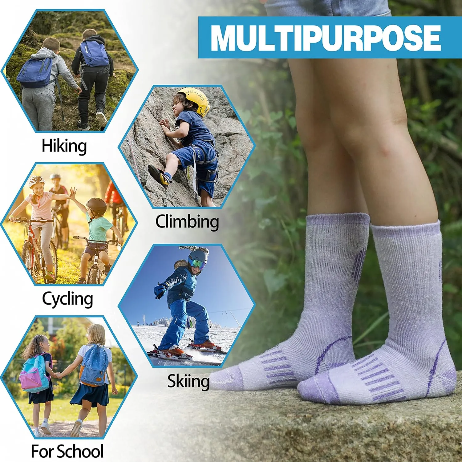 Anlisim Kids Merino Wool Hiking Socks Boys Girls Toddlers Thermal Winter Warm Boot Thick Cushion Snowboarding Socks