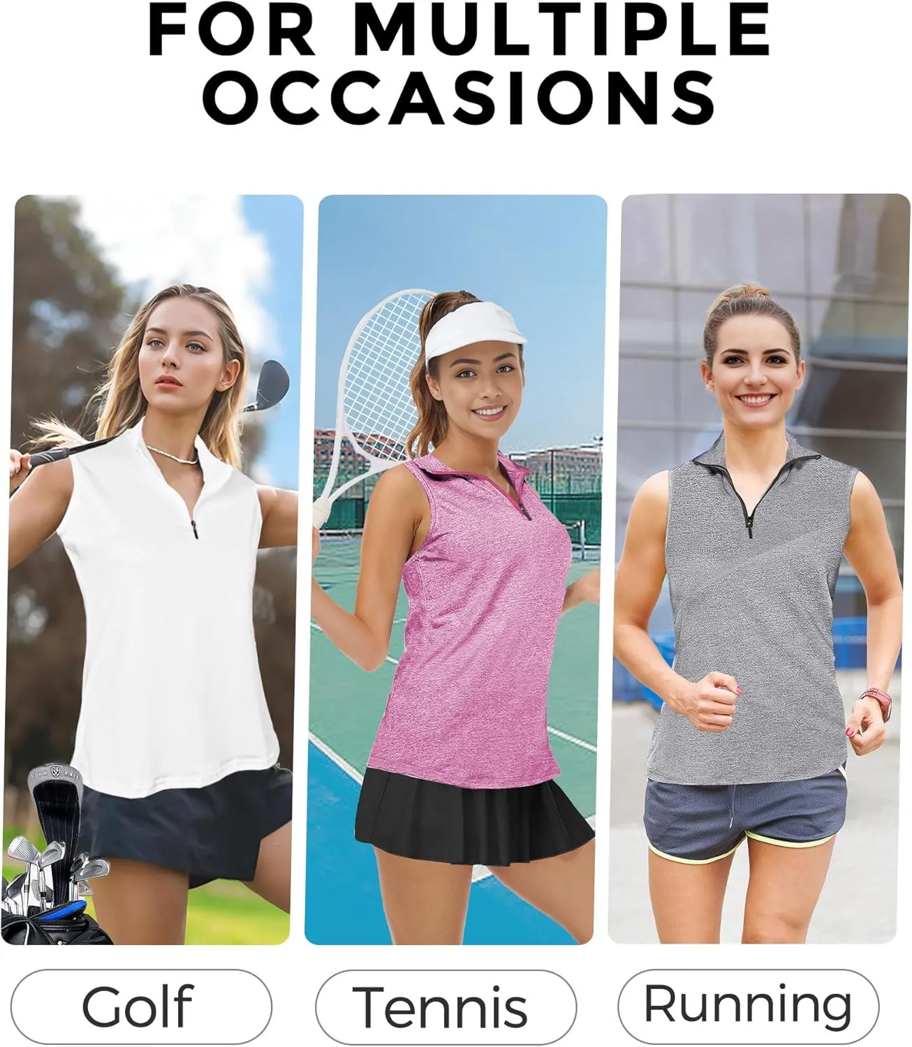 AURUZA Womens Golf Shirt, Sleeveless Polo Shirts for Women V Neck Zip Collar Athletic Workout Tennis Tank Top Summer Outfit