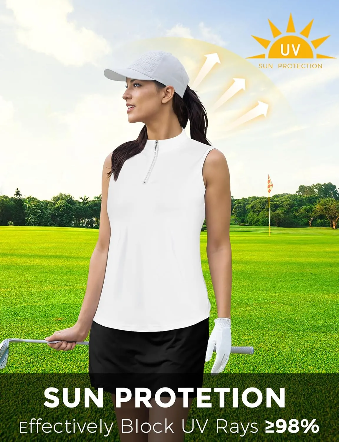 AURUZA Womens Golf Shirt, Sleeveless Polo Shirts for Women V Neck Zip Collar Athletic Workout Tennis Tank Top Summer Outfit