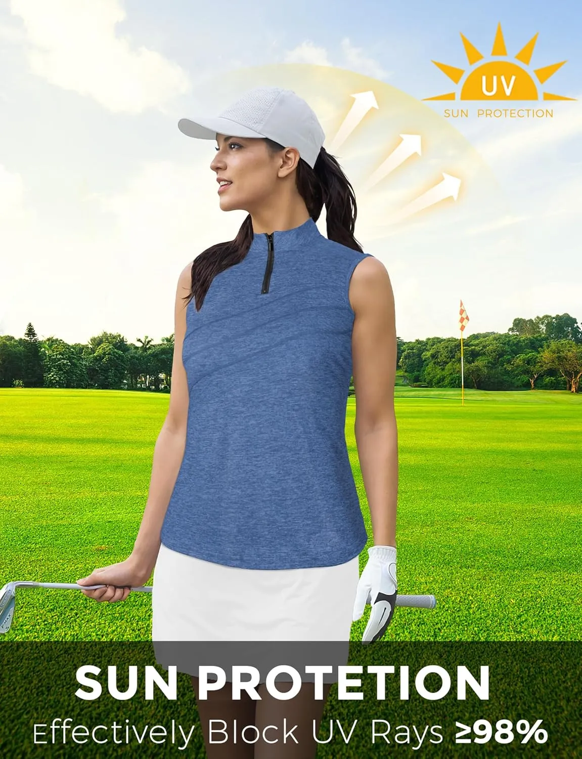 AURUZA Womens Golf Shirt, Sleeveless Polo Shirts for Women V Neck Zip Collar Athletic Workout Tennis Tank Top Summer Outfit