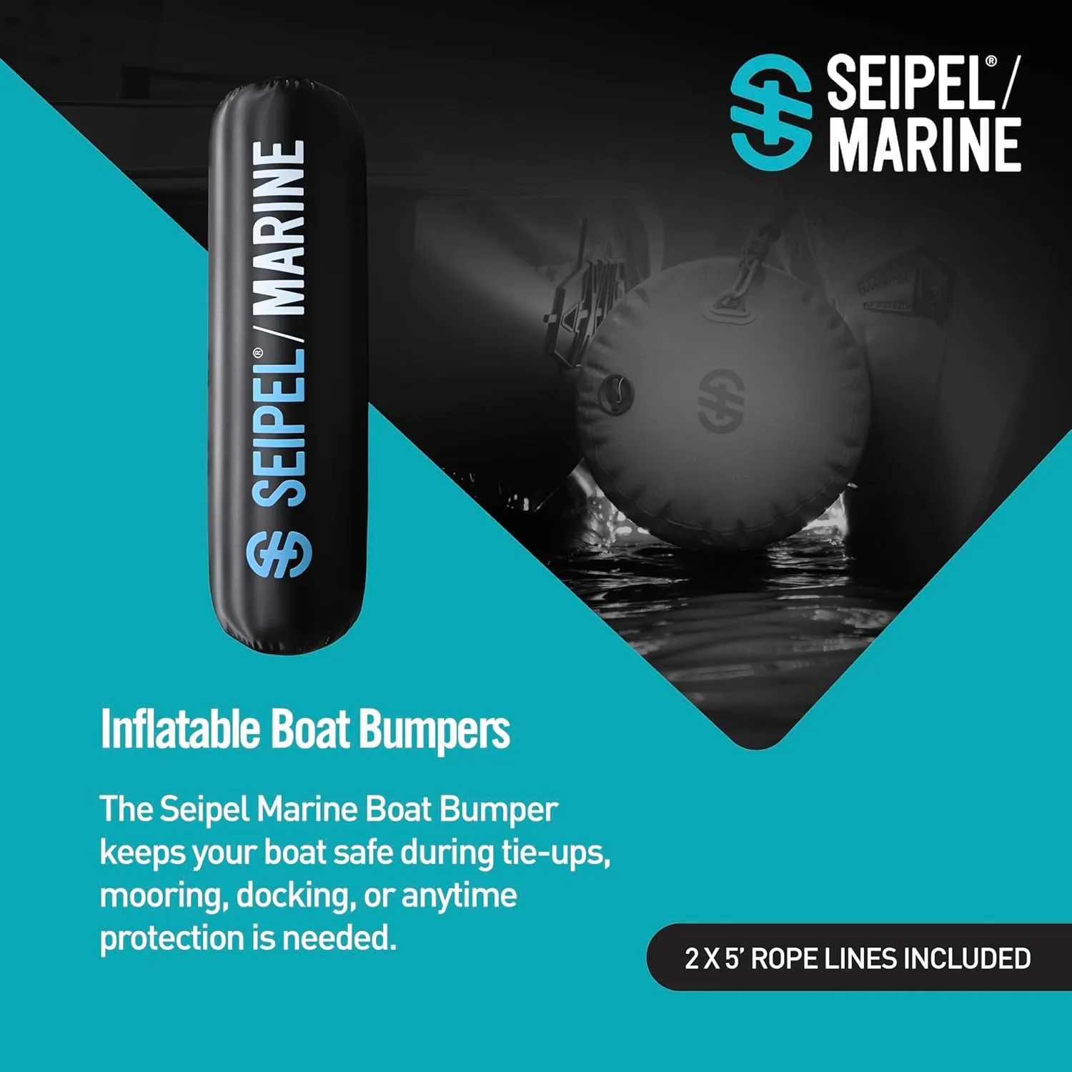 Boat Bumper - Inflatable Dock & Tie-Up Protection - Durable UV Material - Double Welded Seams - Easy Setup - Includes Tie-Down Cleats & Ropes - 15 Ft - Black