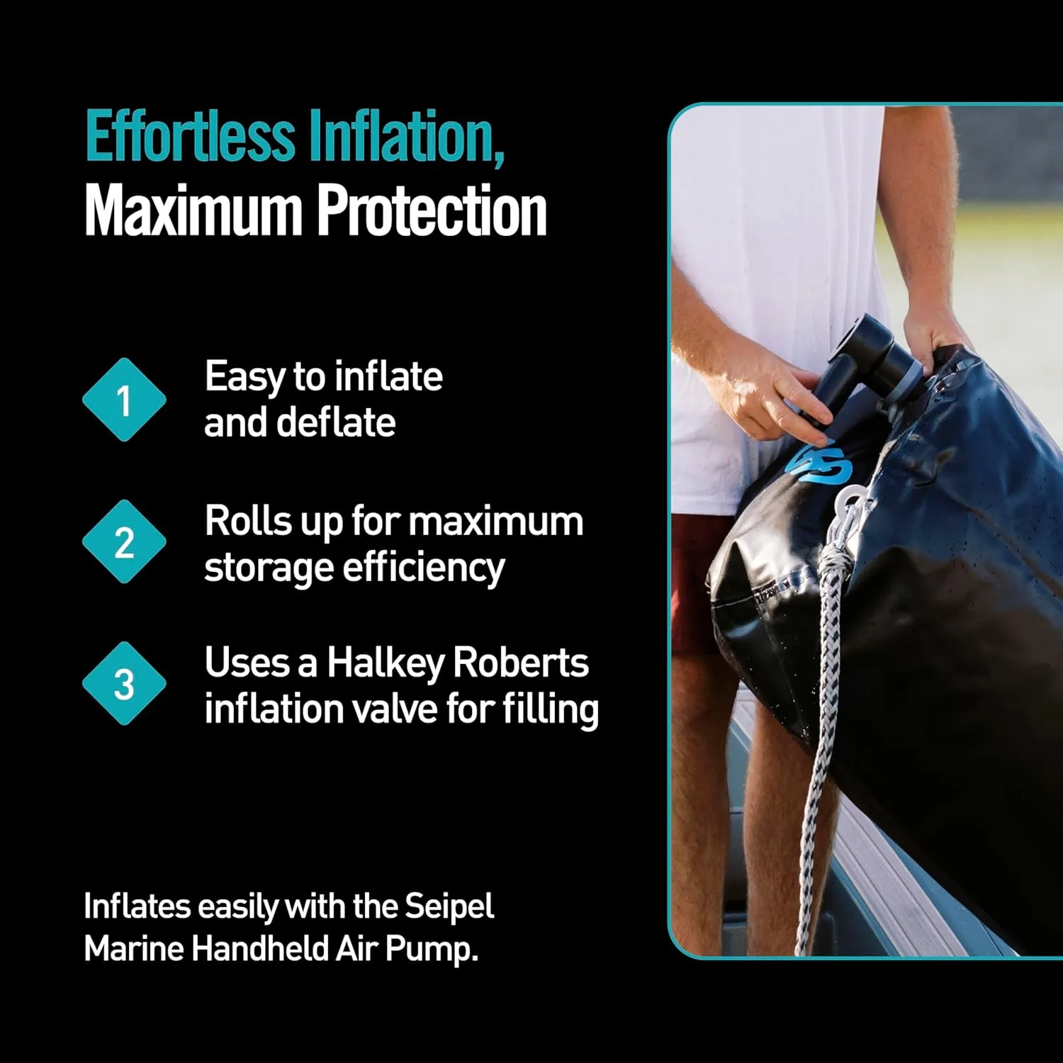 Boat Bumper - Inflatable Dock & Tie-Up Protection - Durable UV Material - Double Welded Seams - Easy Setup - Includes Tie-Down Cleats & Ropes - 15 Ft - Black