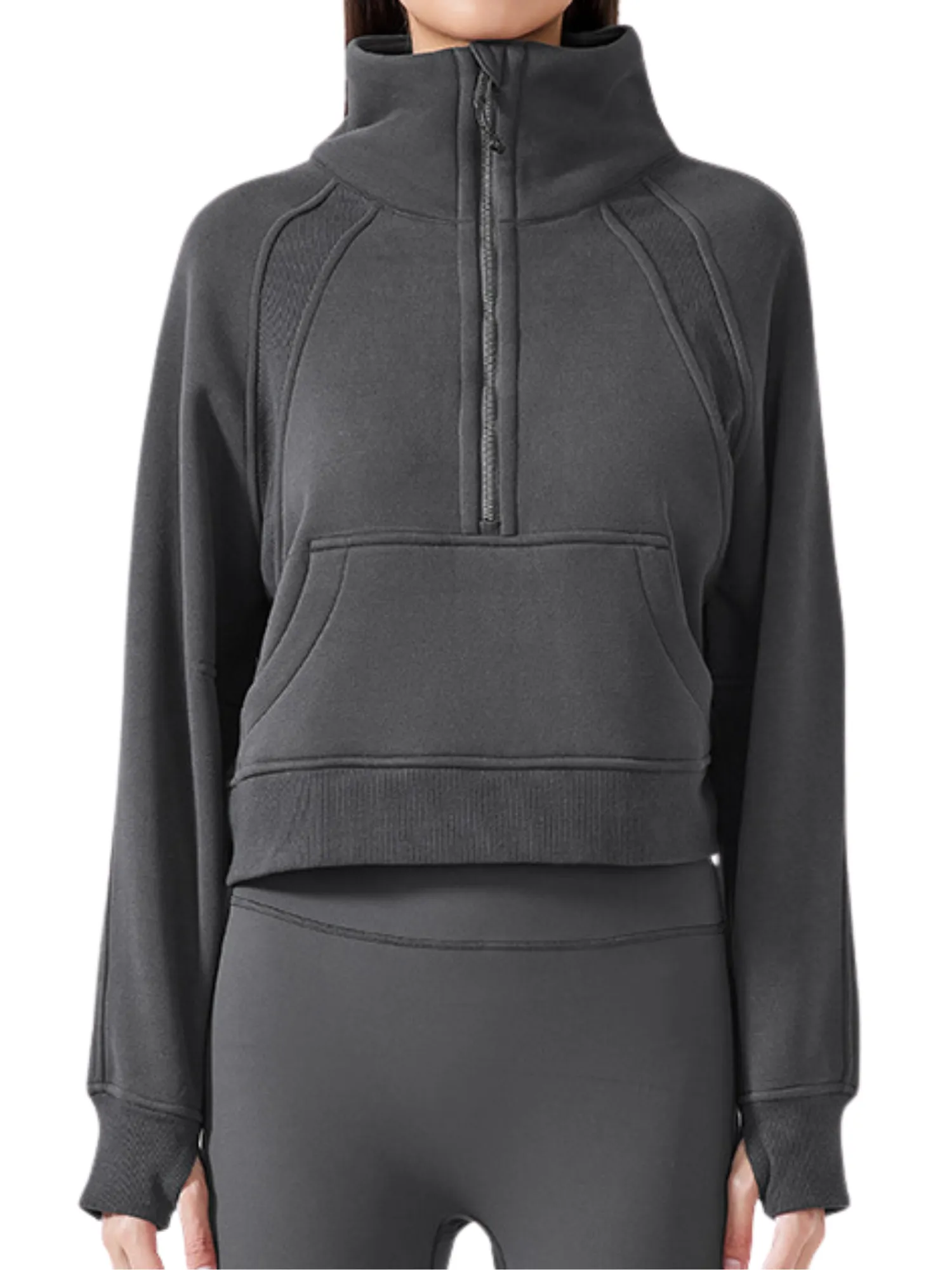 Charcoal "Ella" Fleece Lined Cropped Quarter Zip Pullover