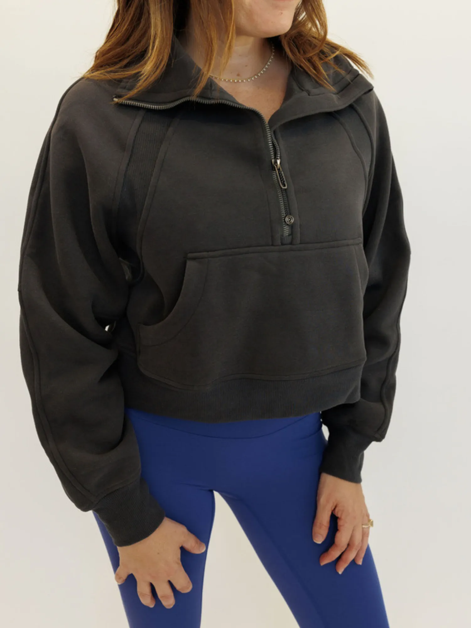 Charcoal "Ella" Fleece Lined Cropped Quarter Zip Pullover