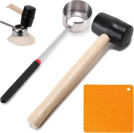 Coconut Opener Tool Set, Food Grade Stainless Steel Coco Opener Kit for Coconut Young & Mature, Coconut Shell Puncher Knife, Rubber Hammer with Wood Handle, Silicone Mat Shockproof