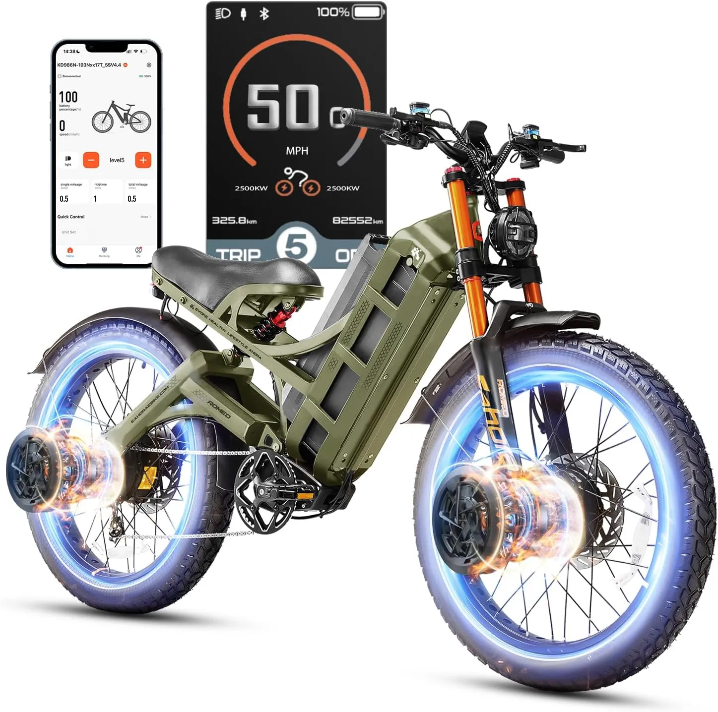 eAhora Romeo Pro 3 Electric Bike for Adults, 5000W 50Mph Dual Motor Ebike, 60V 80AH 250Miles Long Range Electric Bike, 26" *4.0 Fat Tire Electric Mountain Bike Full Suspension Off-Road E-Bike, UL2849