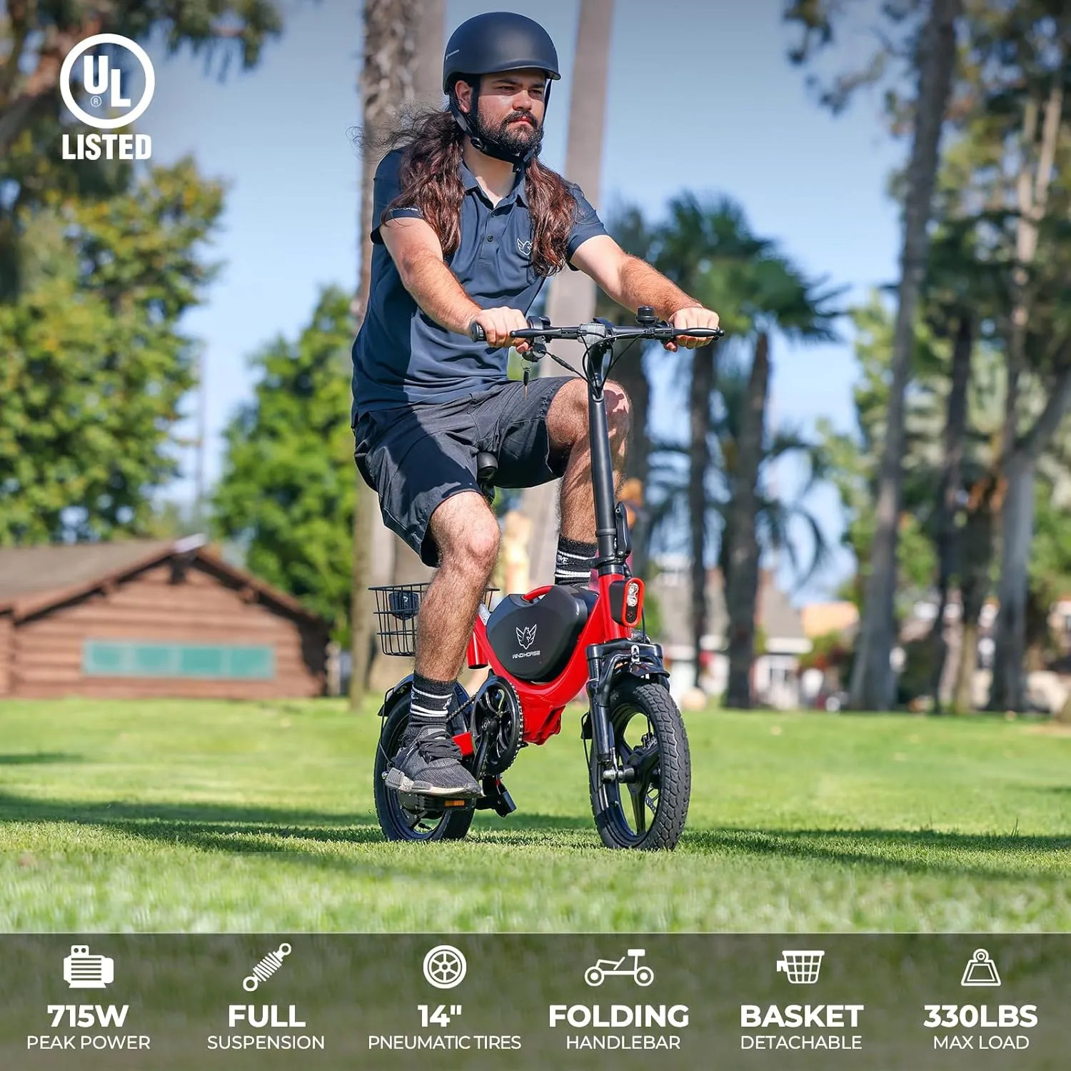 Electric Bike with Basket, 14" Folding Ebike 22 MPH, 35 Miles Range, Dual Suspension, 715W Peak Brushless Motor with 30 Uphill, Adjustable Seat, Commuter Electric Bicycle for Adults 330LBS Load