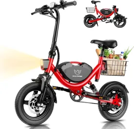 Electric Bike with Basket, 14" Folding Ebike 22 MPH, 35 Miles Range, Dual Suspension, 715W Peak Brushless Motor with 30 Uphill, Adjustable Seat, Commuter Electric Bicycle for Adults 330LBS Load