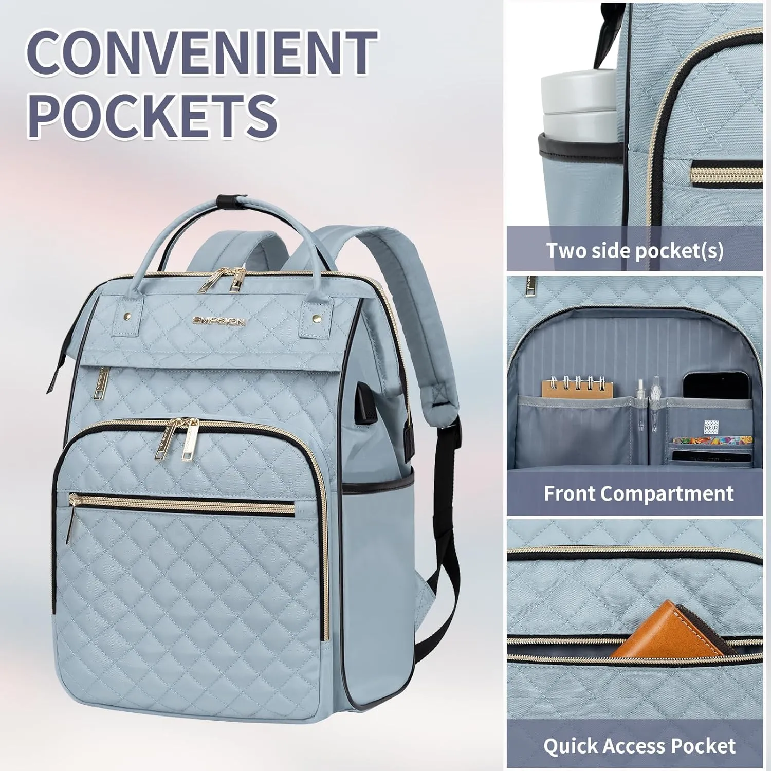 EMPSIGN 17 Inch Laptop Backpack for Women, Work Business Travel Computer College Bags, Large Capacity Water-repellent Quilted Casual Daypack with USB Port, Light Blue
