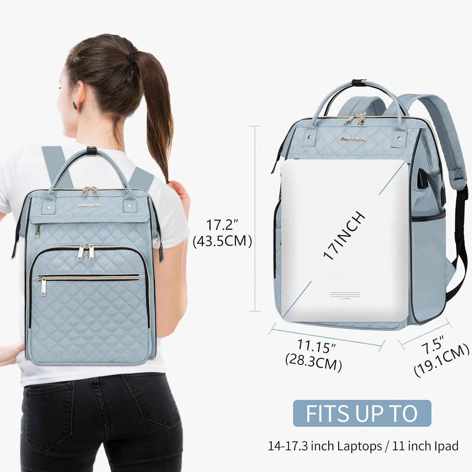EMPSIGN 17 Inch Laptop Backpack for Women, Work Business Travel Computer College Bags, Large Capacity Water-repellent Quilted Casual Daypack with USB Port, Light Blue