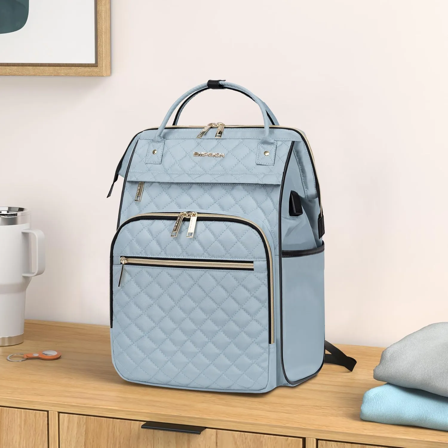 EMPSIGN 17 Inch Laptop Backpack for Women, Work Business Travel Computer College Bags, Large Capacity Water-repellent Quilted Casual Daypack with USB Port, Light Blue