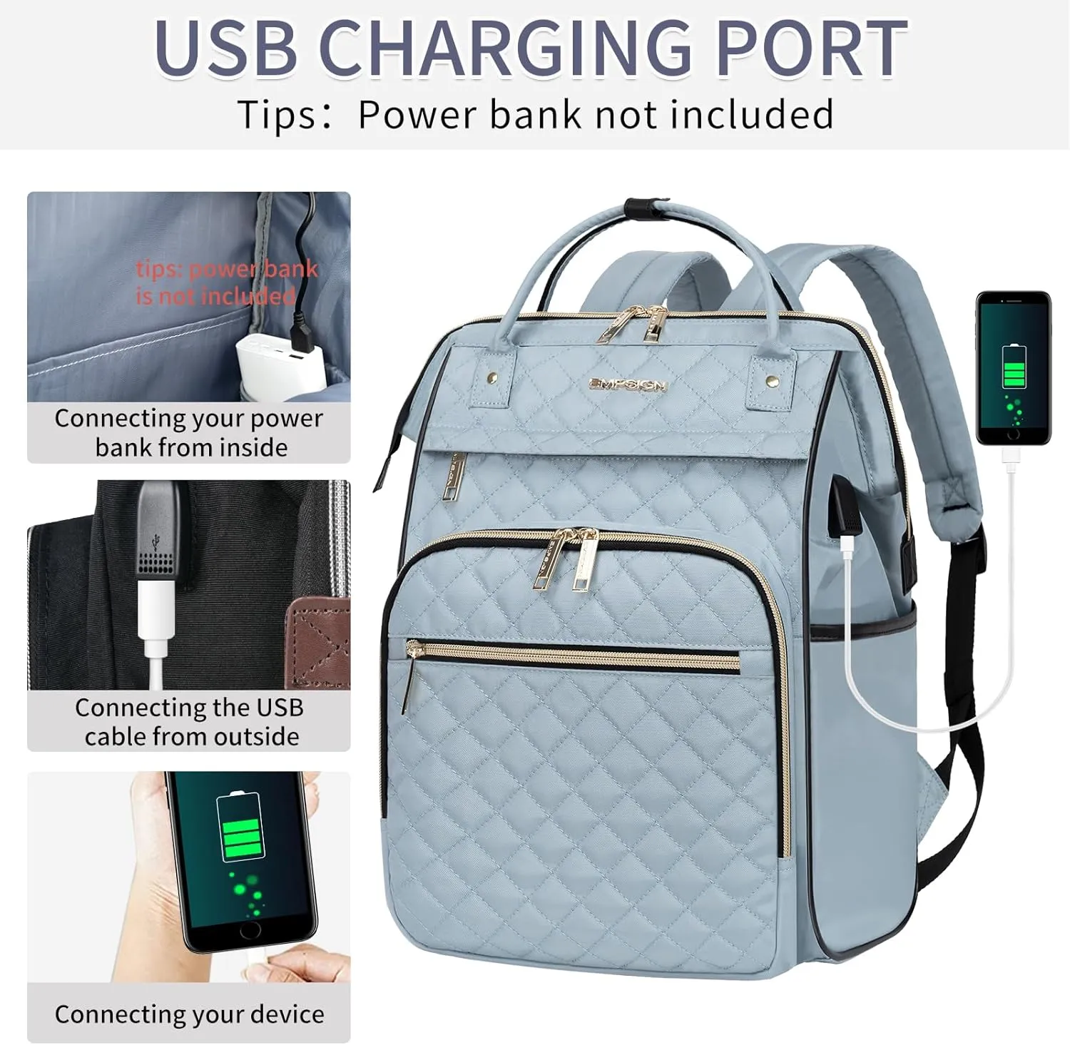 EMPSIGN 17 Inch Laptop Backpack for Women, Work Business Travel Computer College Bags, Large Capacity Water-repellent Quilted Casual Daypack with USB Port, Light Blue