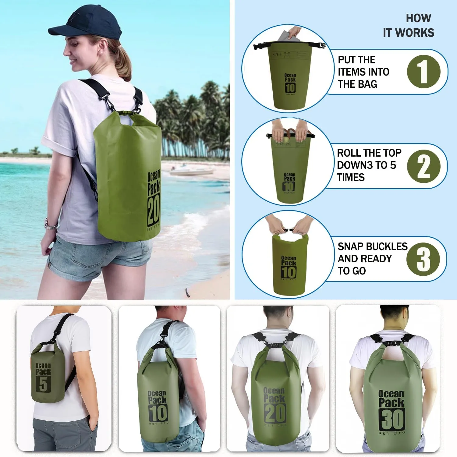 Floating Waterproof Dry Bag Backpack 5L/10L/20L, Roll Top Bag for Kayaking, Rafting, Boating, Swimming, Camping, Hiking, Beach, Fishing, Waterproof Beach Bag. (Forest green, 5L)