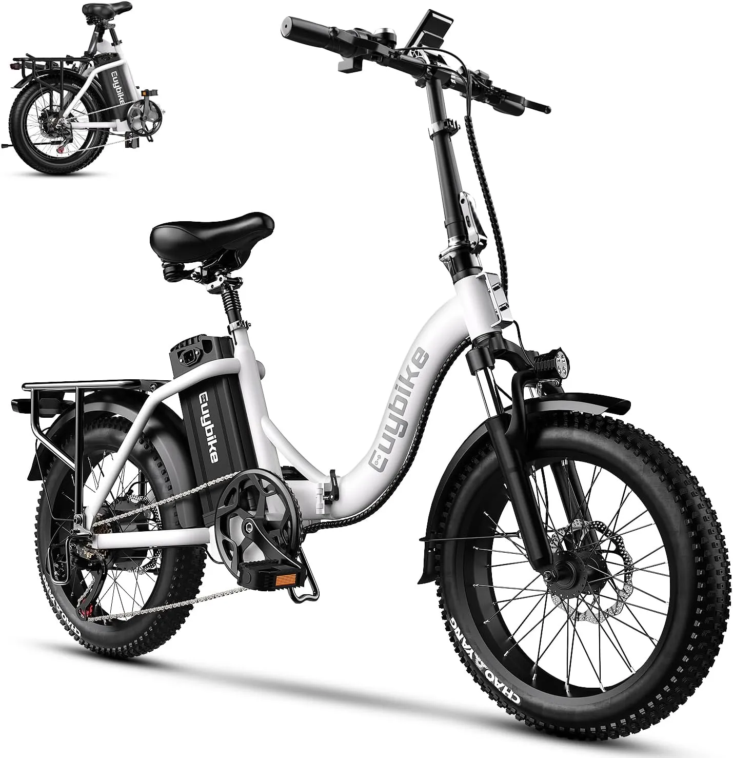 Folding Electric Bike for Adults, 48V 20AH Battery up to 30MPH 80 Miles, 20" Fat Tire All Terrain 1000W Peak Motor Ebike, Front Suspension City Commuter Step-Thru E Bike White, UL Certified