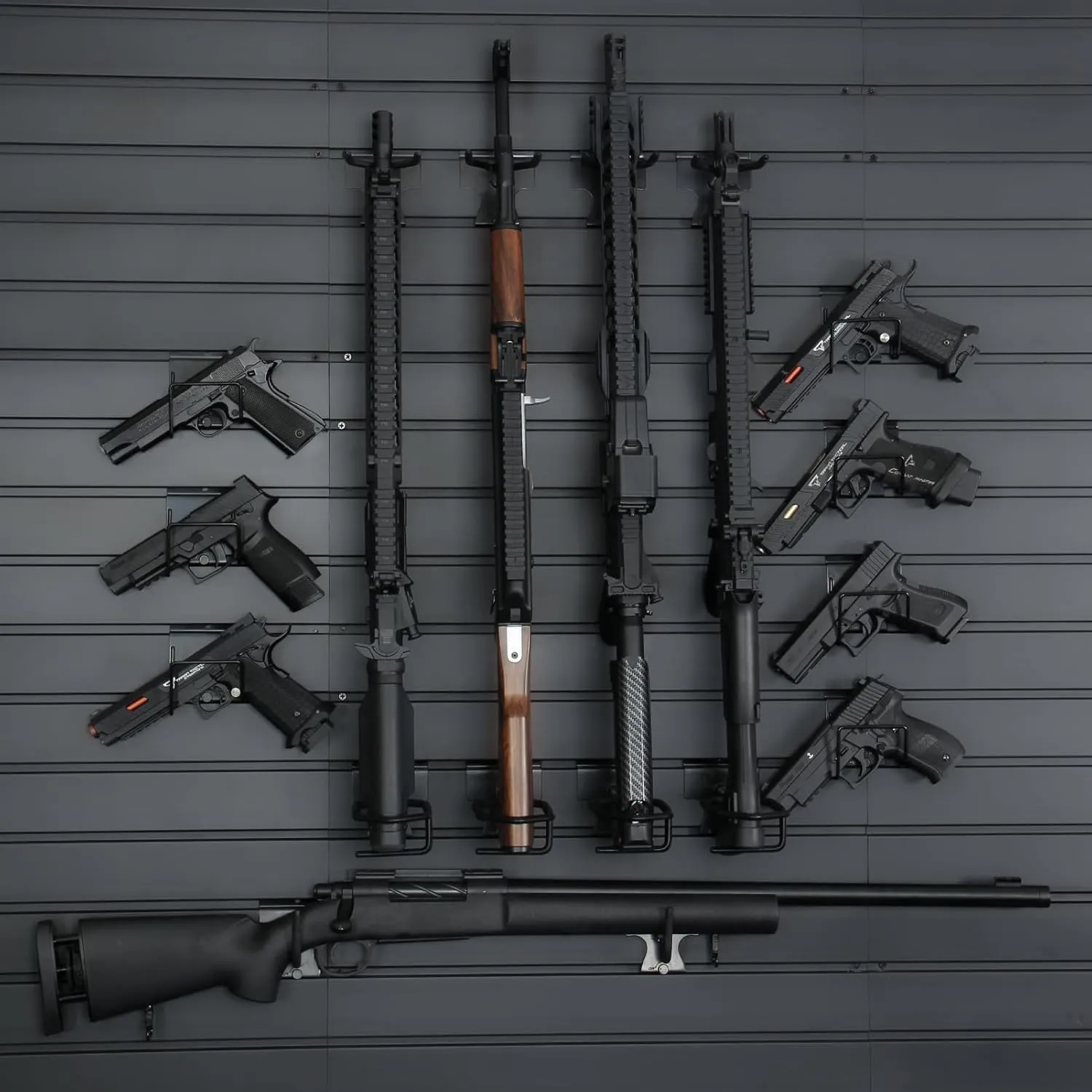 Gun Rack Wall-Mounted 2025 Upgraded, Tactical Rifle, Shotgun, Carbine, Handgun Storage Heavy-Duty PVC Panels & Steel Wall Racks, Modular Firearms Organizer, Securely Holds up to 2 Rifles & 4 Pistols