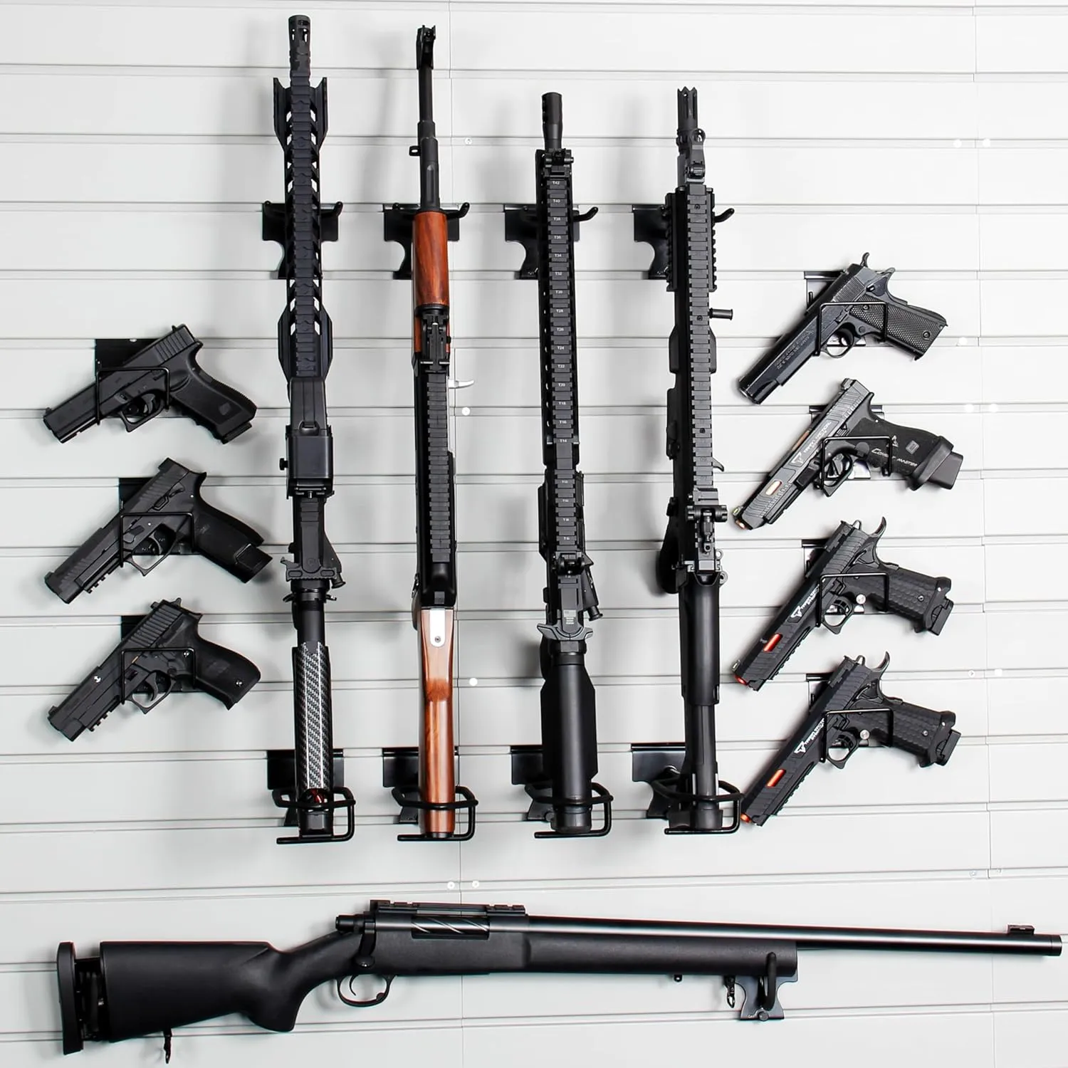 Gun Rack Wall-Mounted 2025 Upgraded, Tactical Rifle, Shotgun, Carbine, Handgun Storage Heavy-Duty PVC Panels & Steel Wall Racks, Modular Firearms Organizer, Securely Holds up to 2 Rifles & 4 Pistols