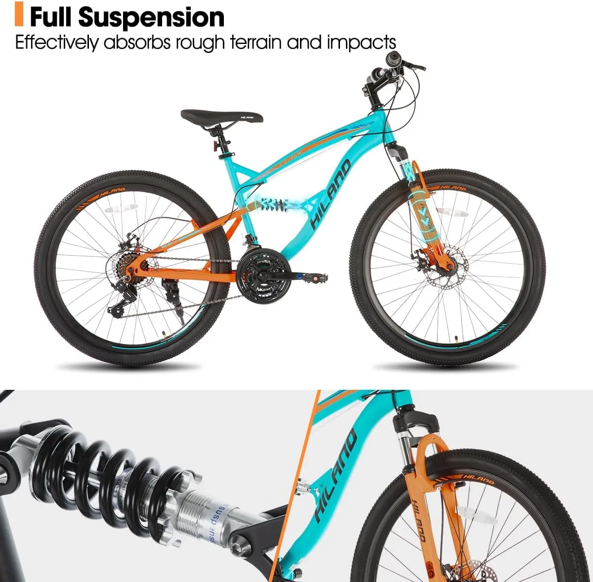 Hiland Full Suspension Mens Mountain Bike, 21 Speed, 26 Inch Wheel, Dual Disc Brake Bike for Men Womens Adult Bicycle