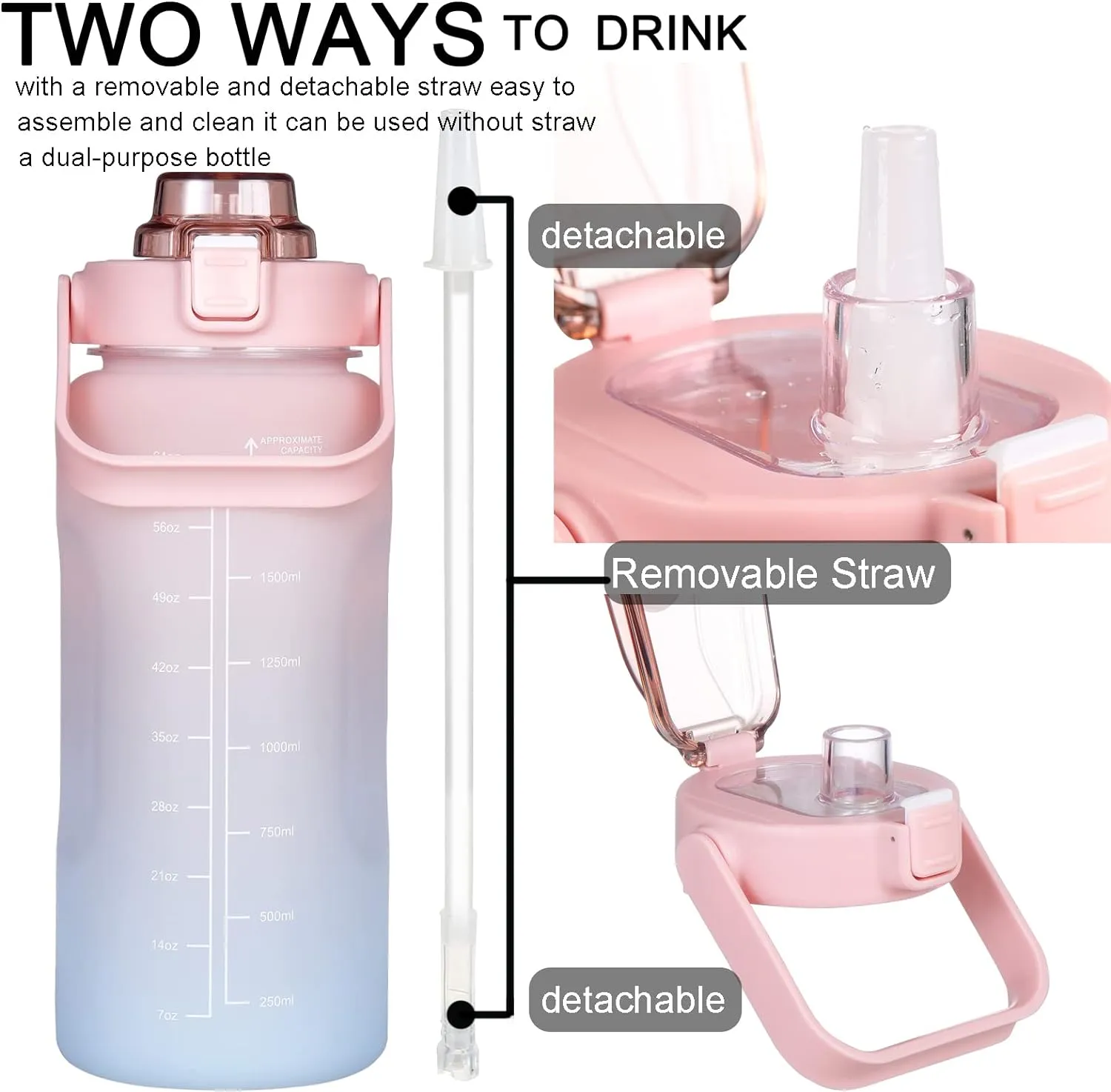Large Motivational Water Bottle with Straw Time Marker BPA Free for Sport and Fitness (Pink Blue, 64 Oz / Half Gallon)