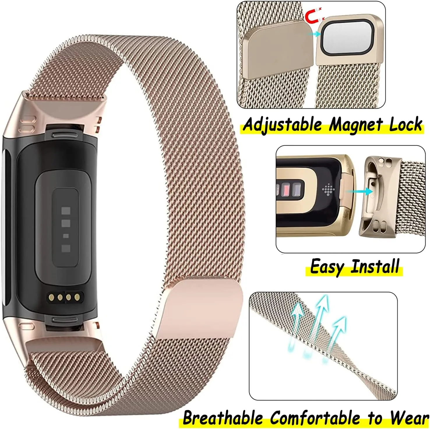 Metal Mesh Loop Bands for Fitbit Charge 5/Charge 6 Band for Women Men, Adjustable Stainless Steel Wristbands Replacement Straps for Charge 5/6 Activity Tracker