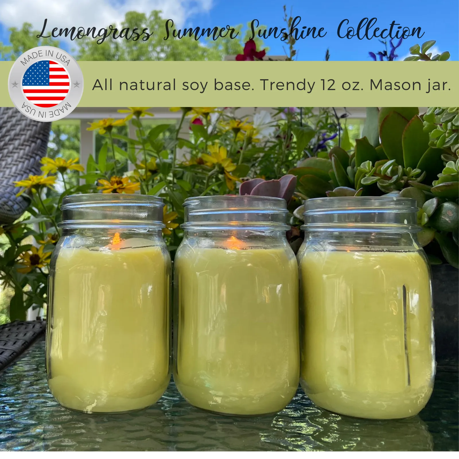 Mosquito Repellent Candle Natural Lemongrass | 12 Oz., Set of 3 | Soy-Base, Infused with Essential Oils | Made in USA