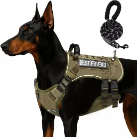Tactical Dog Harness for Large Dogs,No Pull Adjustable Tactical Dog Harness and Leash Set,Reflective Dog Vest Harness for Training and Walking Green L