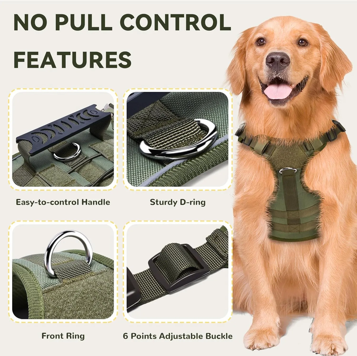 Tactical Dog Harness for Large Dogs,No Pull Adjustable Tactical Dog Harness and Leash Set,Reflective Dog Vest Harness for Training and Walking Green L