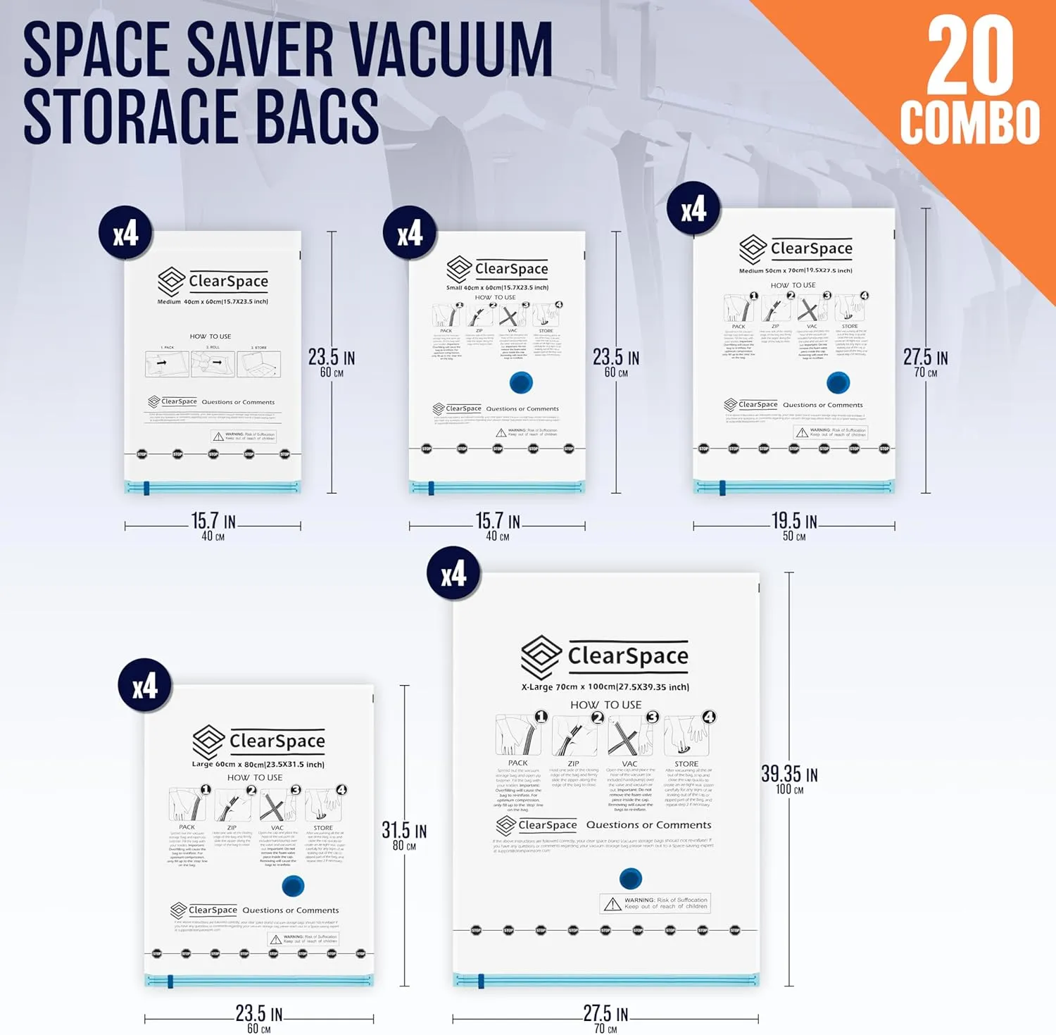 Vacuum Seal Bags for Clothing Travel, 20 Combo - Space Saver Vacuum Storage Bags, Blanket & Clothes Storage Bags Vacuum Sealed  Hand Pump Included, Bolsas Para Guardar Ropa Al Vaco