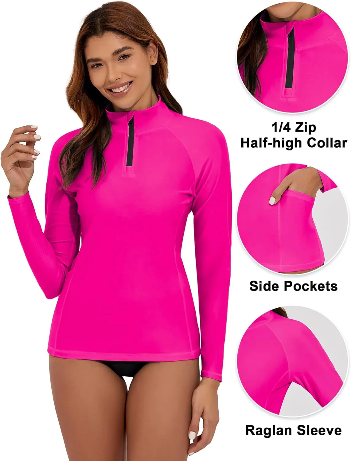 Women's Long Sleeve Swim Shirts UPF 50  Rash Guard 1/4 Zip Rashguard Workout Tops with Pockets