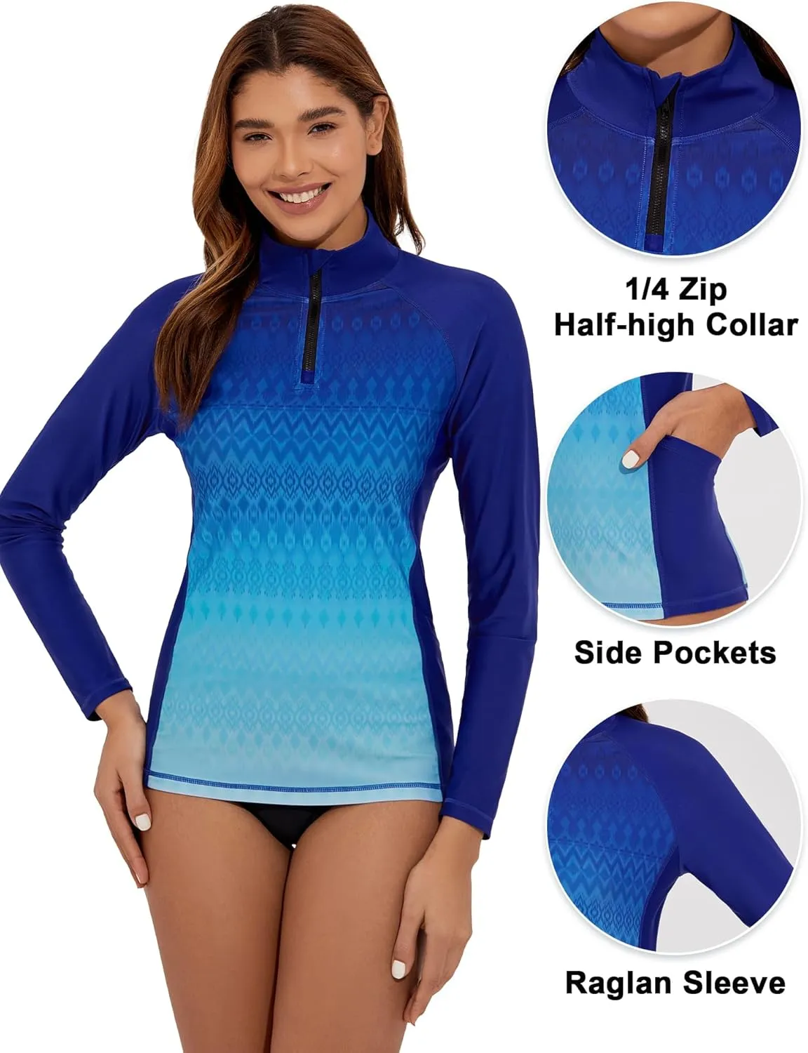 Women's Long Sleeve Swim Shirts UPF 50  Rash Guard 1/4 Zip Rashguard Workout Tops with Pockets