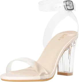 ZriEy Clear Block Sandals Chunky Heels for Women 3.35 Inch Open Toe Adjustable Ankle Strap Pump Sandals for Weddings Parties Daily Wear