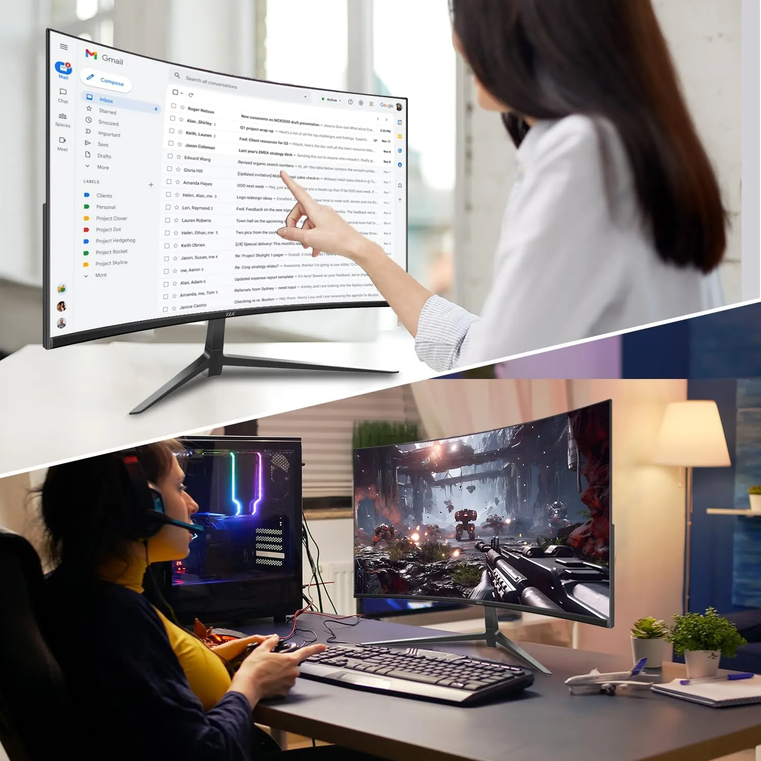 ZZA 27 inch Curved Monitor with 2K 2560 x 1440|75hz Computer Monitor 27 inch QHD with HDMI,DP and Wall Mountable| 1440P Frameless Eye Care PC Office Monitor for Working and Gaming
