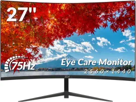 ZZA 27 inch Curved Monitor with 2K 2560 x 1440|75hz Computer Monitor 27 inch QHD with HDMI,DP and Wall Mountable| 1440P Frameless Eye Care PC Office Monitor for Working and Gaming